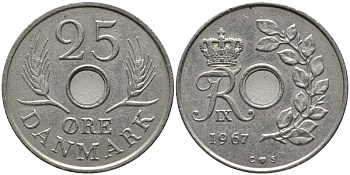 ДАНИЯ 25 ЭРЕ 1967 С; S, ФРЕДЕРИК IX (1947-1972) KM 855.1 медно-никель 175-717