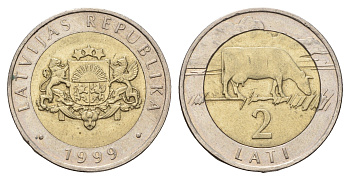 Латвия 2 лата 1999 корова KM 38 биметалл 4678-324