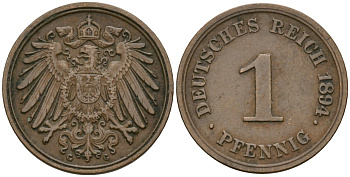Германия 1 пфенниг 1894 G, Вильгельм II (1888-1918) KM 10, J. 10 медь 4608-223