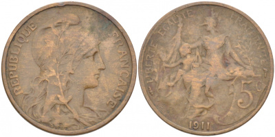 ФРАНЦИЯ 5 САНТИМОВ 1911 ТИП ДАНИЭЛЬ ДЮПЮИ KM 842, LE FRANC 119.23 бронза 77-251