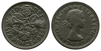 Великобритания 6 пенсов 1959 Елизавета II (1952-2022) KM 903, Spink 4149 медно-никель 4381-723