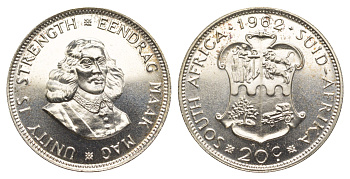 ЮАР 20 центов 1962 тираж - 3844 экземпляров KM 61 серебро PROOF 1527-1142