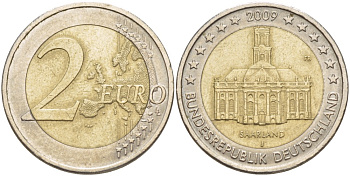 ФРГ 2 евро 2009 J, серия Федеральные земли, Саарланд, церковь Святого Людвига в Саарбрюккене KM 276 биметалл 4543-443
