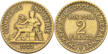 Франция 2 франка 1922 тип chambres de commerce KM 877, Le Franc 267.4 алюминиевая бронза 4590-733