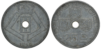 Бельгия 25 сантимов 1945 Belgie-Belgique KM 132 цинк 4163-637
