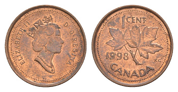 Канада 1 цент 1998 Елизавета II (1952-2022), кленовый лист KM 289 цинк плакированный медью 4630-618