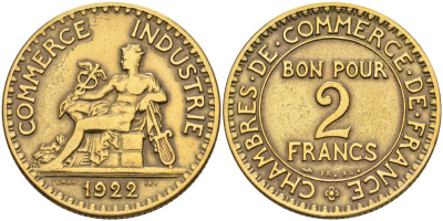 Франция 2 франка 1922 тип chambres de commerce KM 877, Le Franc 267.4 алюминиевая бронза 4590-733