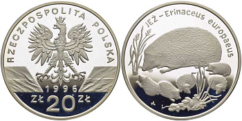 Польша 20 злотых 1996 MW, серия сохраним наш мир, еж с ежатами, тираж 15000 экз. KM 312 серебро PROOF 00-821-85