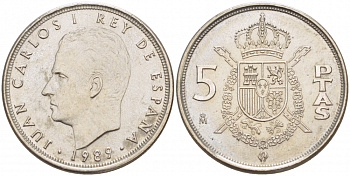 ИСПАНИЯ 5 ПЕСЕТ 1989 ХУАН КАРЛОС I (1975-) KM 823 медно-никель 4402-1237