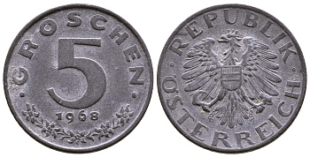АВСТРИЯ 5 ГРОШЕЙ 1968 КМ 2875 цинк 4379-515