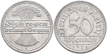 Германия 50 пфеннигов 1921 A KM 27, J.301, Weege 10 алюминий    4589-222