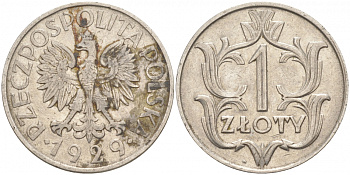 ПОЛЬША 1 ЗЛОТЫЙ 1929 w KM 14 никель 68-357