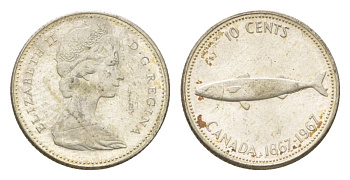 Канада 10 центов 1967 рыба, 100 лет Конфедерации Канада, Ссеребро 0.800, вес 2,3 гр, диаметр 18,3 мм KM 67 серебро 4623-955