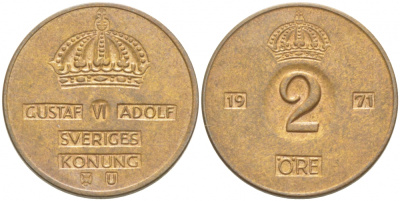 Швеция 2 эре 1971 Густав VI Адольф (1950-1973) КМ 821 бронза 77-523
