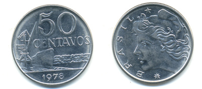 Бразилия 50 сентаво 1978 голова свободы влево KM 580b, Schon 85b нержавеющая сталь UNC 86-1051