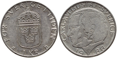Швеция 1 крона 1988 Карл XVI Густав (1973- ) KM 852a медно-никель 4397-1217