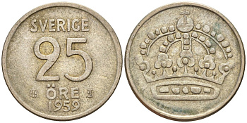 Швеция 25 эре 1959 TS, Густав VI Адольф (1950-1973) KM 824 серебро 4147-1065