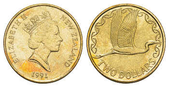 Новая Зеландия 2 доллара 1991 Елизавета II (1952-2022), большая белая цапля KM 79 алюминиевая бронза aUNC 4652-713