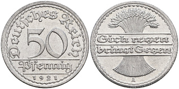 Германия 50 пфеннигов 1921 A KM 27, J.301, Weege 10 алюминий UNC 4584-823