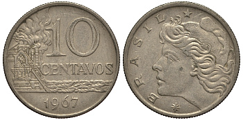 БРАЗИЛИЯ 10 СЕНТАВО 1967 НЕФТЕПЕРЕГОННЫЙ ЗАВОД KM 578.1 медно-никель VF 4182-426