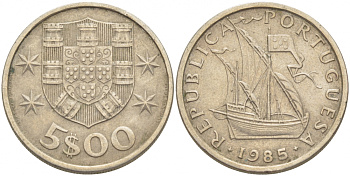 ПОРТУГАЛИЯ 5 ЭСКУДО 1985 ПАРУСНИК KM 591 медно-никель 86-612