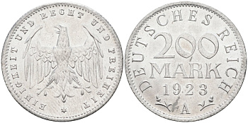 Германия 200 марок 1923 A KM 35, J. 304, Weege 22 алюминий UNC 4586-241