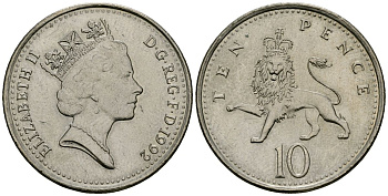Великобритания 10 пенсов 1992 Елизавета II (1952-2022) KM 938b, Spink 4367 (F4) медно-никель 4545-911