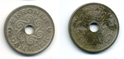 Дания 2 кроны 1993 LG; JP; A, Маргрете II (1972- ) KM 874.1 медно-никель 35-1223