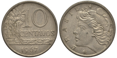 БРАЗИЛИЯ 10 СЕНТАВО 1967 НЕФТЕПЕРЕГОННЫЙ ЗАВОД KM 578.1 медно-никель VF 4182-426