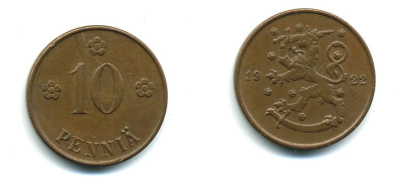 Финляндия 10 пенни 1922 республика (1918-1962) KM 24 медь 46-364