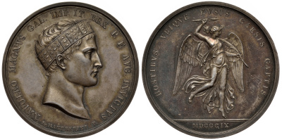 Франция медаль 1809 Наполеон I Бонапарт, за воинские победы в 1809 году, ангел, 43,70 гр., диаметр 42,5 мм. Bramsen 862 серебро 00-00