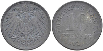 ГЕРМАНИЯ 10 ПФЕННИГОВ 1921 (1917-1922) KM 26, J. 299, Weege 8 цинк 210-252