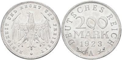 Германия 200 марок 1923 A KM 35, J. 304, Weege 22 алюминий UNC 4586-241