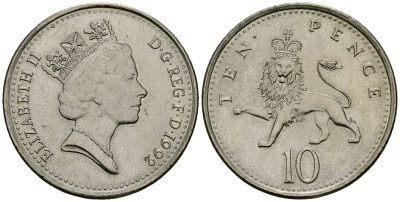 Великобритания 10 пенсов 1992 Елизавета II (1952-2022) KM 938b, Spink 4367 (F4) медно-никель 4545-911