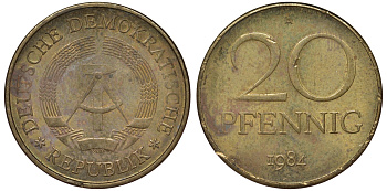 ГДР 20 пфеннигов 1984 А KM 11 латунь 62-1127