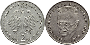 ФРГ 2 МАРКИ 1990 G, КУРТ ШУМАХЕР KM 149, J. 424 медно-никель плакированный никелем 79-1214