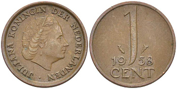 НИДЕРЛАНДЫ 1 ЦЕНТ 1958 ЮЛИАНА KM 180 бронза 66-846