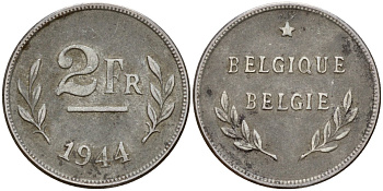 Бельгия 2 франка 1944 KM 133 сталь плакированная никелем 4179-642