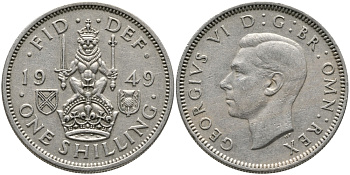 Великобритания 1 шиллинг 1949 Георг VI (1936-1952), Шотландский герб KM 877, Spink 4109 медно-никель 65-1017