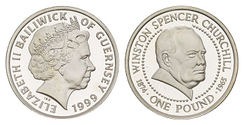 Гернси 1 фунт 1999 125 лет со дня рождения Уинстона Черчилля KM 109 серебро PROOF 1521-1035