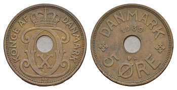 Дания 5 эре 1939 N, Кристиан X (1912-1947) KM 828 бронза 4657-253