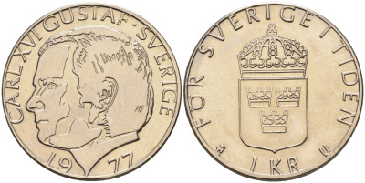 Швеция 1 крона 1977 Карл XVI Густав (1973- ) KM 852 медь плакированная медно-никелем UNC 4582-446