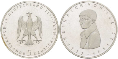 ФРГ 5 марок 1977 G, 200 лет со дня рождения Генриха фон Клейста KM 146, J. 421 серебро 180-1031