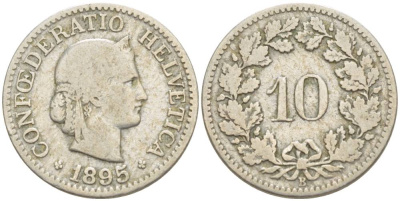 Швейцария 10 раппенов 1895 В KM 27 медно-никель 4541-336