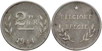 Бельгия 2 франка 1944 KM 133 сталь плакированная никелем 4179-642