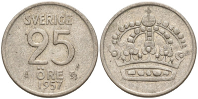 Швеция 25 эре 1957 TS, Густав VI Адольф (1950-1973) KM 824 серебро 4147-1054
