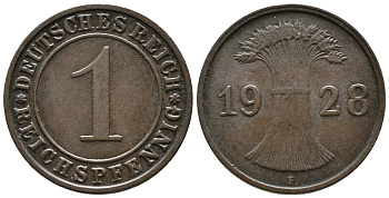 ГЕРМАНИЯ 1 РЕЙХСПФЕННИГ 1928 F KM 37, J. 313 бронза 39-964