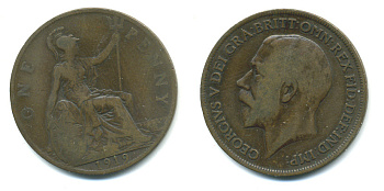 Великобритания 1 пенни 1919 Георг V (1910-1936) KM 810, Spink 4051 бронза 89-843