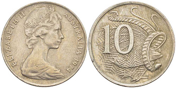 Австралия 10 центов 1974 Елизавета II (1952-), птица лирахвост KM 65 медно-никель 4382-943