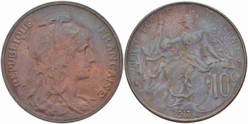 ФРАНЦИЯ 10 САНТИМОВ 1913 ТИП ДАНИЭЛЬ ДЮПЮИ KM 843, LA FRANC 136.23 бронза 109-323